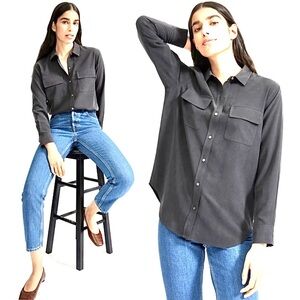Everlane Utility Shirt Washable Silk Blouse Button Down Up Front Pocket Black 10